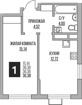 Планировка однокомнатная 36.38 м² в ЖК «Гранель Алексеевская роща», корпус 4