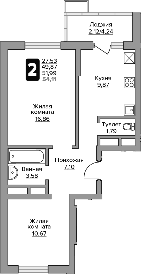 Планировка двухкомнатная 51.99 м² в ЖК «Гранель Алексеевская роща», корпус 3
