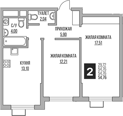 Планировка двухкомнатная 54.76 м² в ЖК «Гранель Алексеевская роща», корпус 4