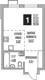 Планировка Студии 28.6 м² в ЖК «Гранель Алексеевская роща», корпус 4