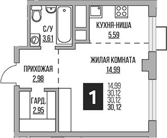 Планировка Студии 30.12 м² в ЖК «Гранель Алексеевская роща», корпус 4