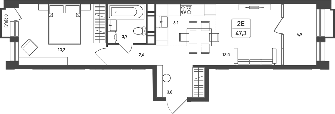 Планировка евродвушка (2Е) 48.9 м² в ЖК «Новая Щербинка», корпус 18