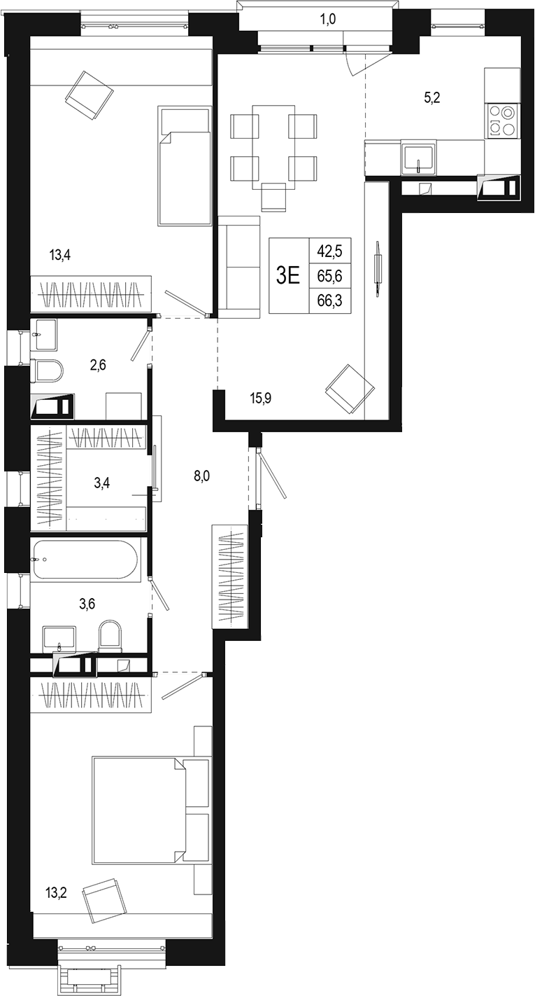 Планировка евротрёшка (3Е) 68.7 м² в ЖК «Новая Щербинка», корпус 17