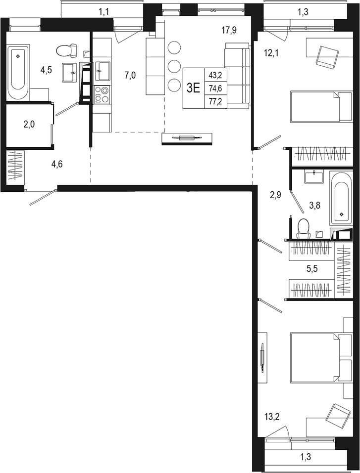 Планировка евротрёшка (3Е) 74.6 м² в ЖК «Новая Щербинка», корпус 19