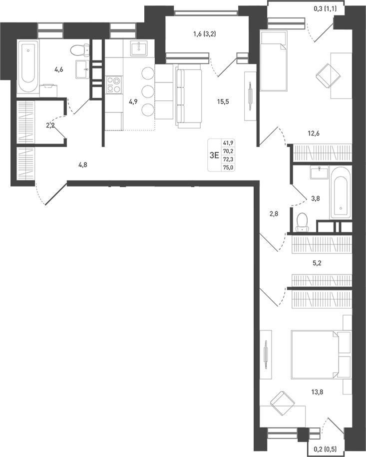 Планировка евротрёшка (3Е) 76 м² в ЖК «Новая Щербинка», корпус 20