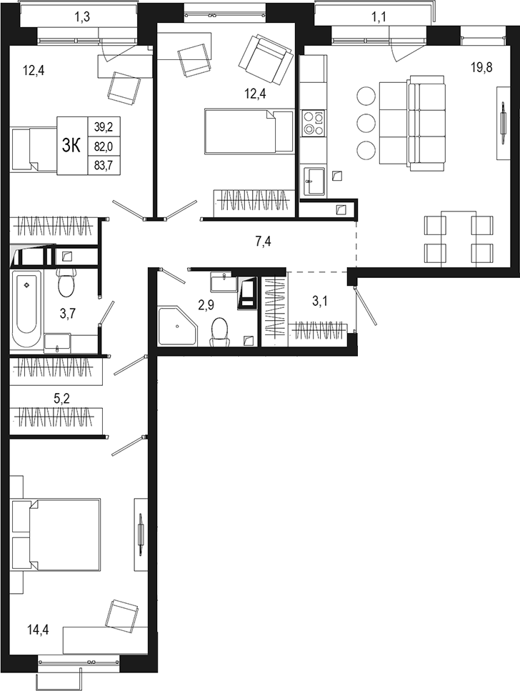 Планировка трёхкомнатная 82.72 м² в ЖК «Новая Щербинка», корпус 19