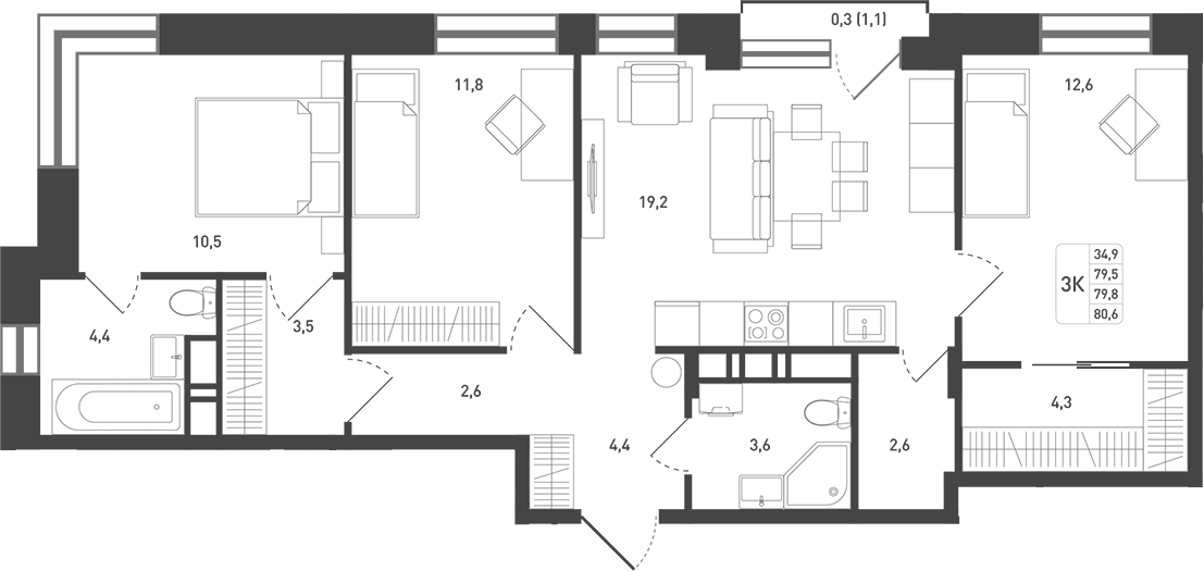 Планировка трёхкомнатная 84.4 м² в ЖК «Новая Щербинка», корпус 20
