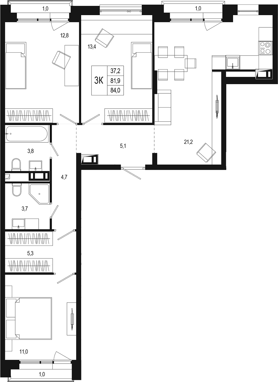 Планировка трёхкомнатная 85.1 м² в ЖК «Новая Щербинка», корпус 17
