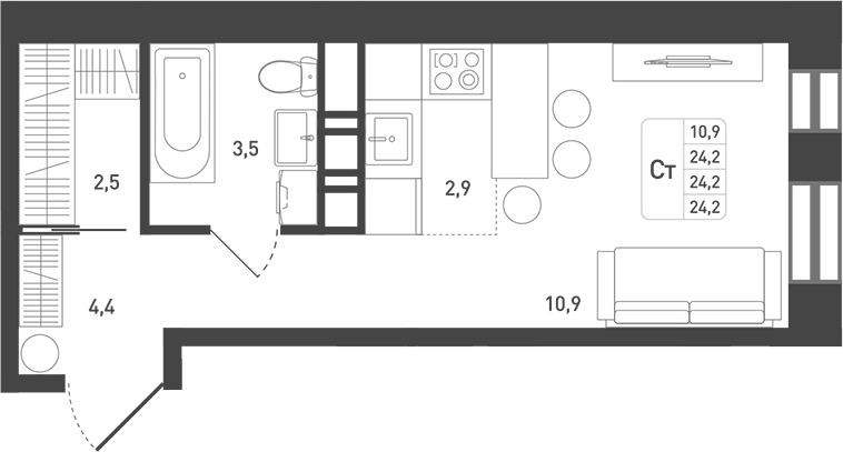 Планировка Студии 25.5 м² в ЖК «Новая Щербинка», корпус 20