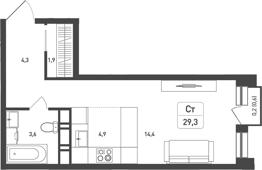 Планировка Студии 30.4 м² в ЖК «Новая Щербинка», корпус 18