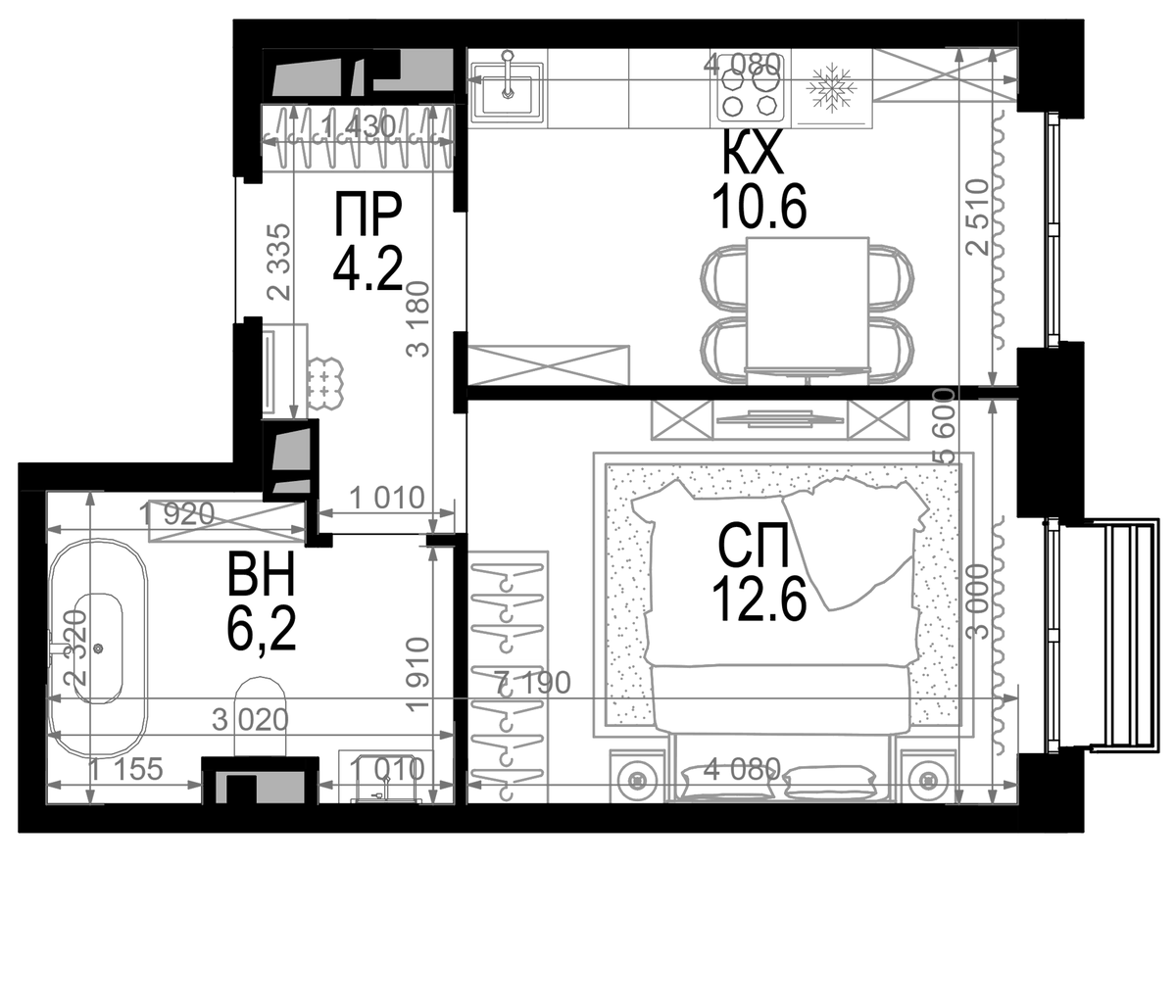 Планировка однокомнатная 33.6 м² в ЖК «Новая Звезда», корпус 6