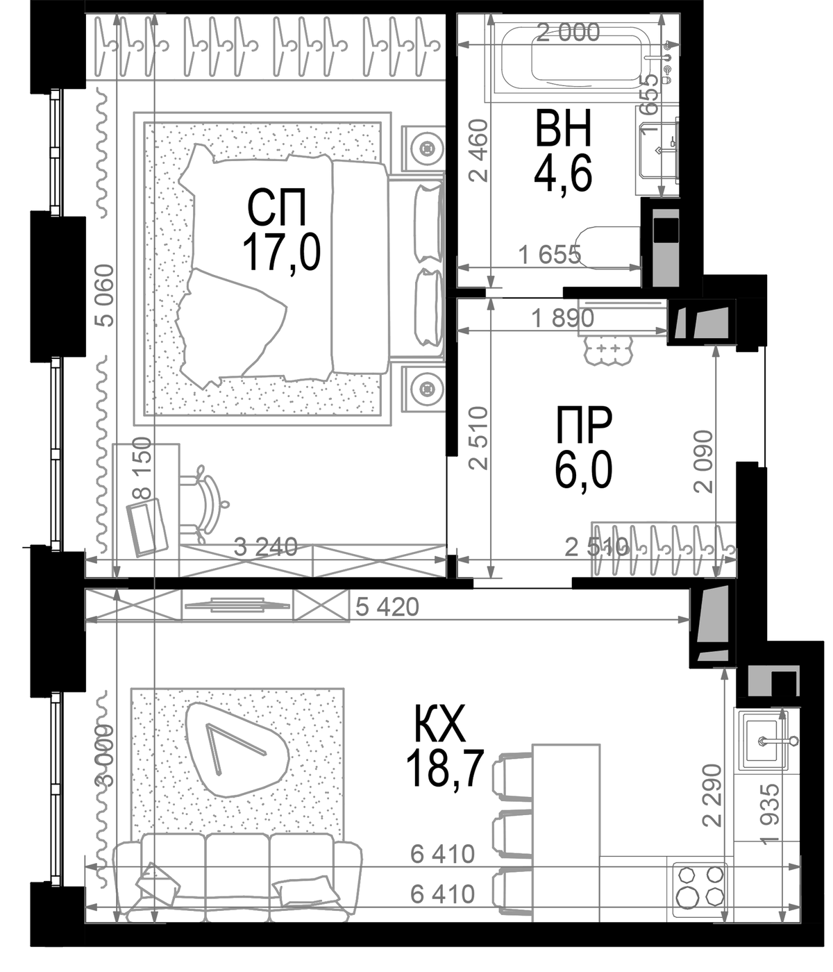 Планировка однокомнатная 46.3 м² в ЖК «Новая Звезда», корпус 6