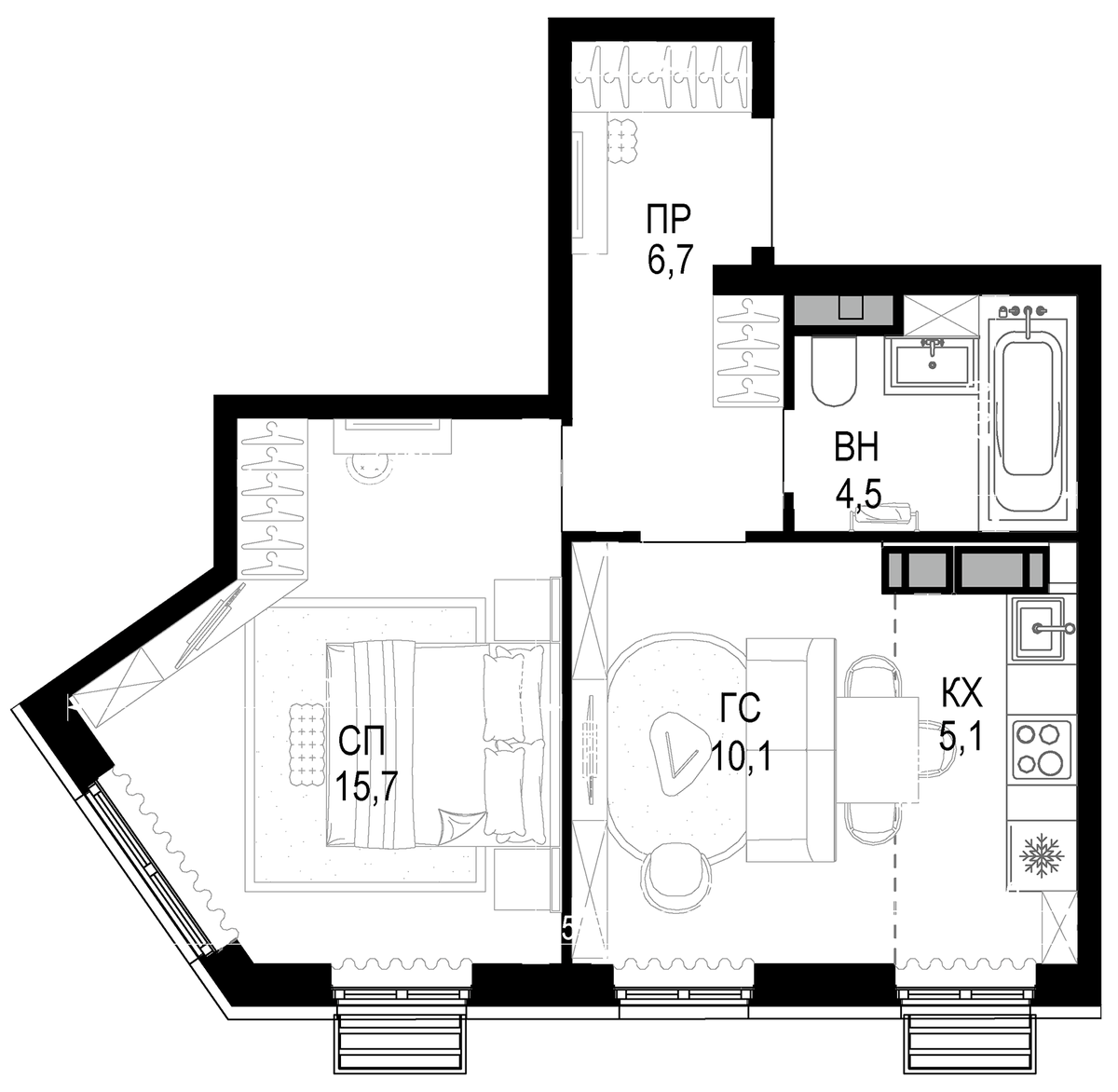 Планировка евродвушка (2Е) 42.1 м² в ЖК «Новая Звезда», корпус 2