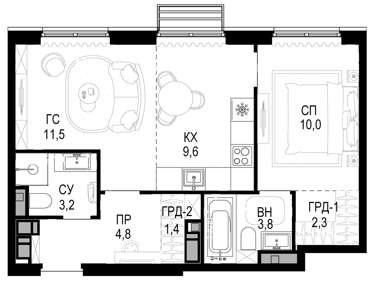Планировка евродвушка (2Е) 46.6 м² в ЖК «Новая Звезда», корпус 2