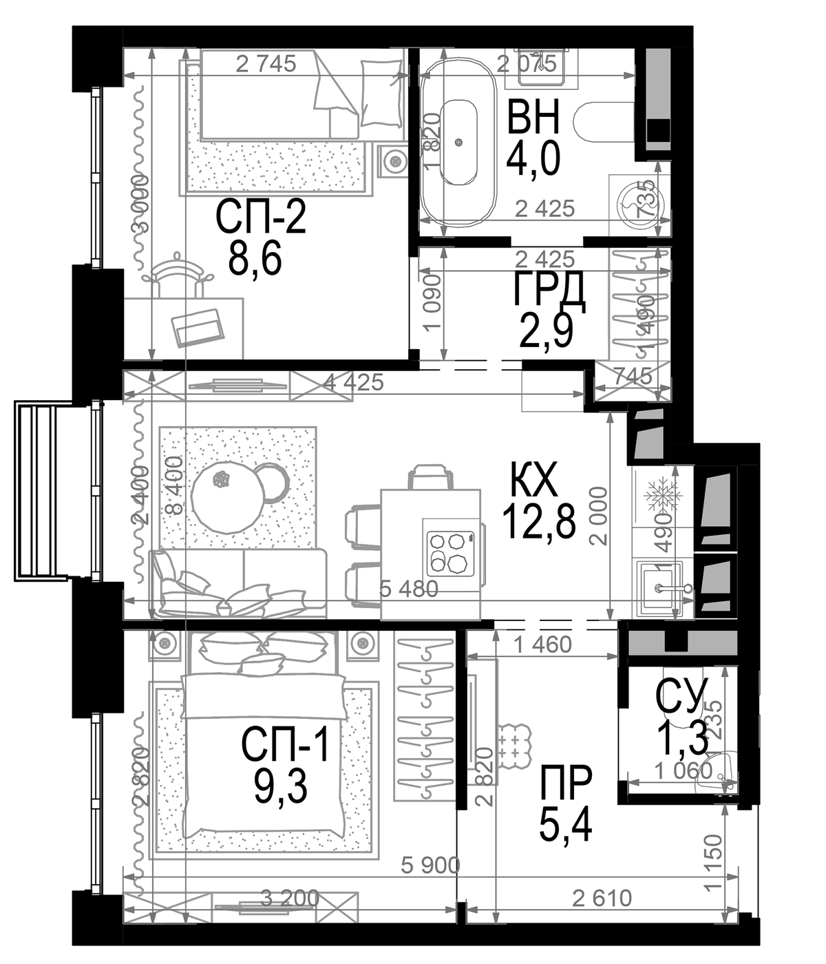Планировка двухкомнатная 44.3 м² в ЖК «Новая Звезда», корпус 6