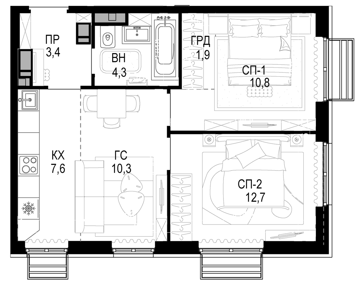 Планировка евротрёшка (3Е) 51 м² в ЖК «Новая Звезда», корпус 2