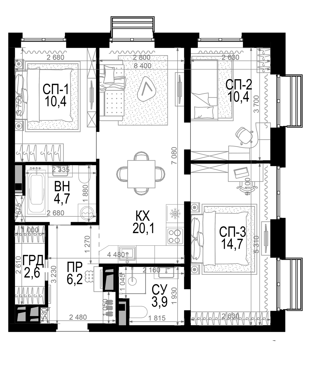 Планировка трёхкомнатная 73 м² в ЖК «Новая Звезда», корпус 6