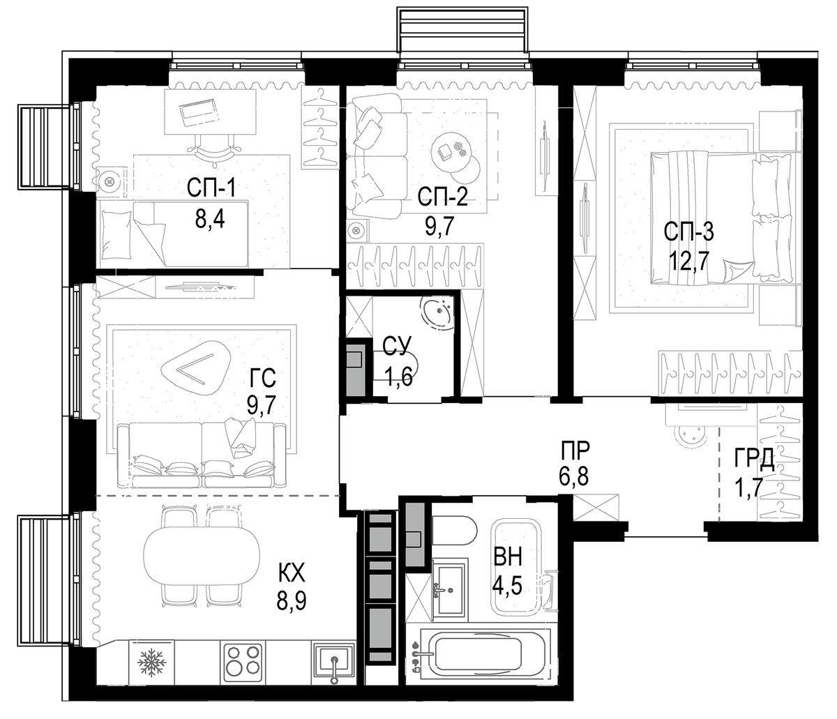 Планировка евро-4 (4Е) 64 м² в ЖК «Новая Звезда», корпус 2