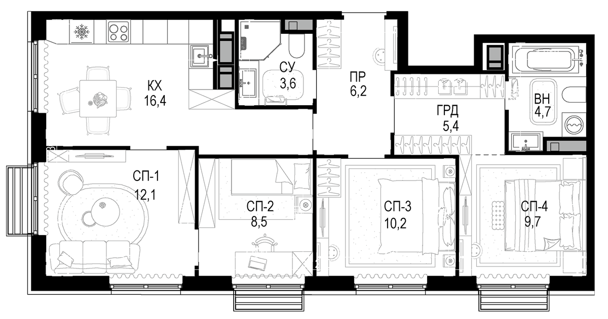 Планировка четырёхкомнатная 76.8 м² в ЖК «Новая Звезда», корпус 2