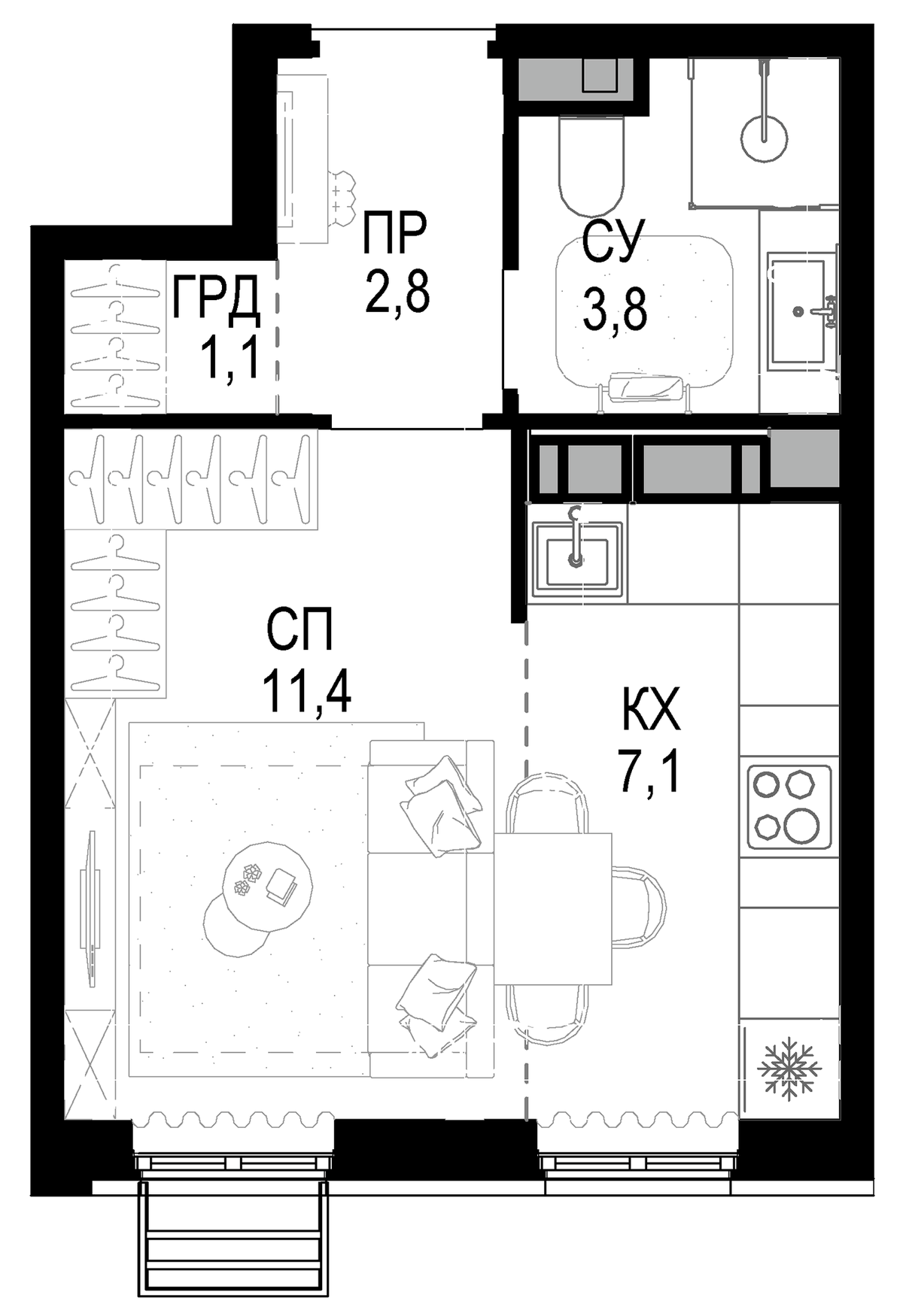 Планировка Студии 26.2 м² в ЖК «Новая Звезда», корпус 2