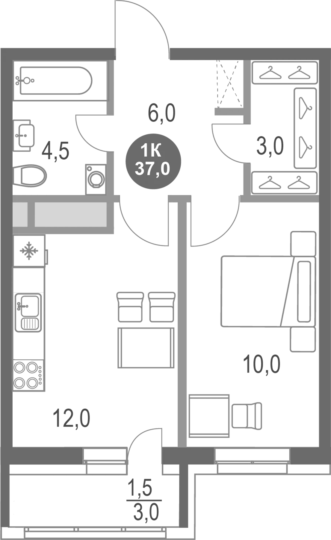 Планировка однокомнатная 37 м² в ЖК «Котельники парк», корпус 11