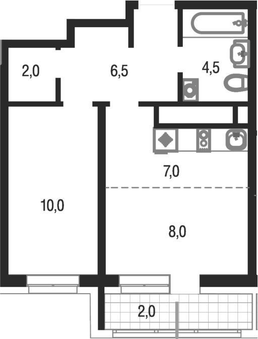 Планировка евродвушка (2Е) 40 м² в ЖК «Котельники парк», корпус 11