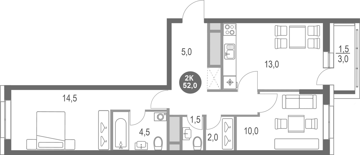 Планировка двухкомнатная 52 м² в ЖК «Котельники парк», корпус 11