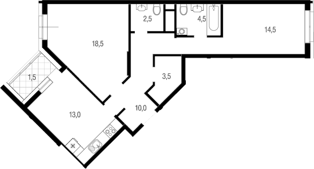 Планировка двухкомнатная 68 м² в ЖК «Котельники парк», корпус 12