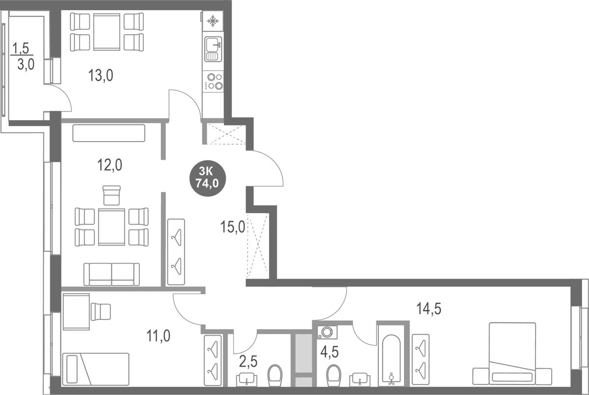 Планировка трёхкомнатная 74 м² в ЖК «Котельники парк», корпус 11