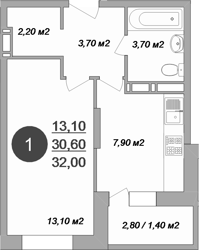 Планировка однокомнатная 32 м² в ЖК «Новые Островцы», корпус 15