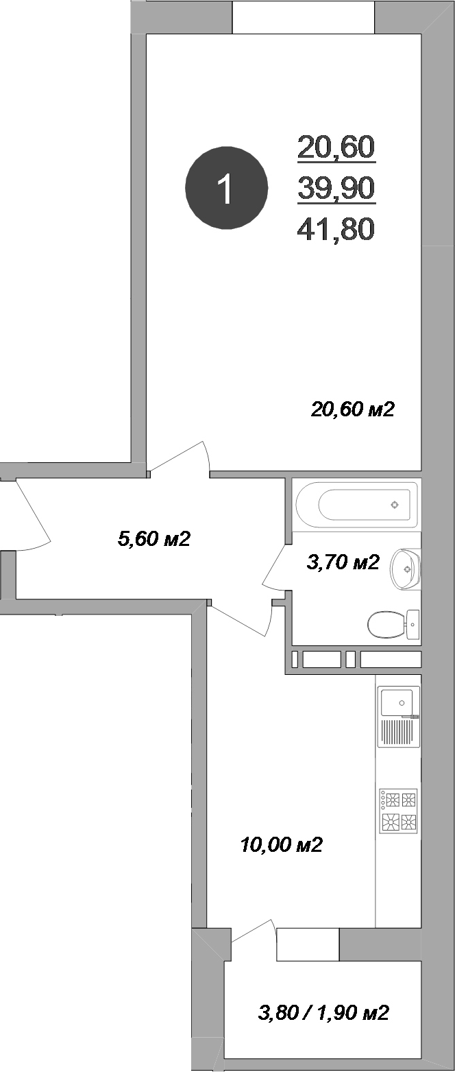 Планировка однокомнатная 41.8 м² в ЖК «Новые Островцы», корпус 15