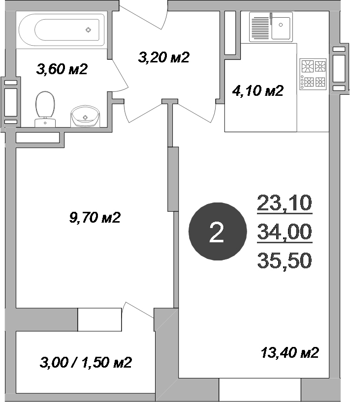 Планировка евродвушка (2Е) 35.5 м² в ЖК «Новые Островцы», корпус 15