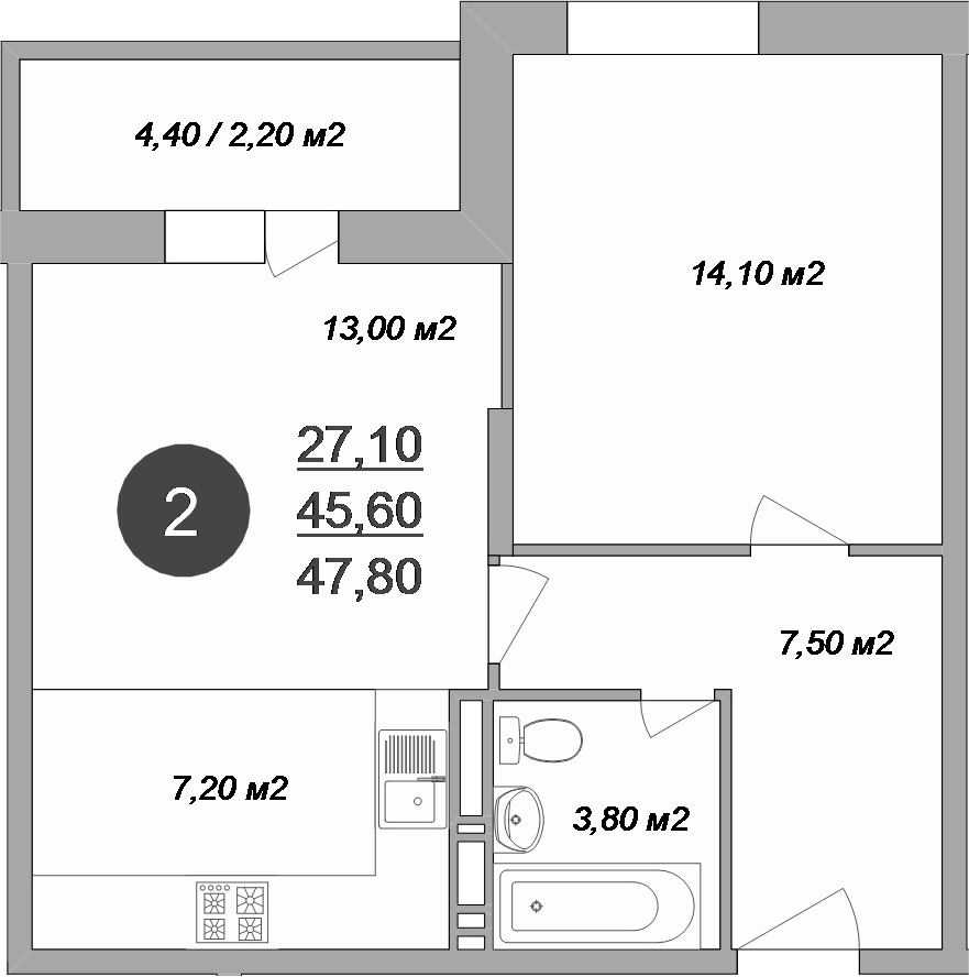 Планировка евродвушка (2Е) 47.8 м² в ЖК «Новые Островцы», корпус 15