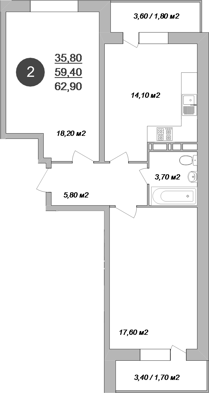 Планировка двухкомнатная 62.9 м² в ЖК «Новые Островцы», корпус 15