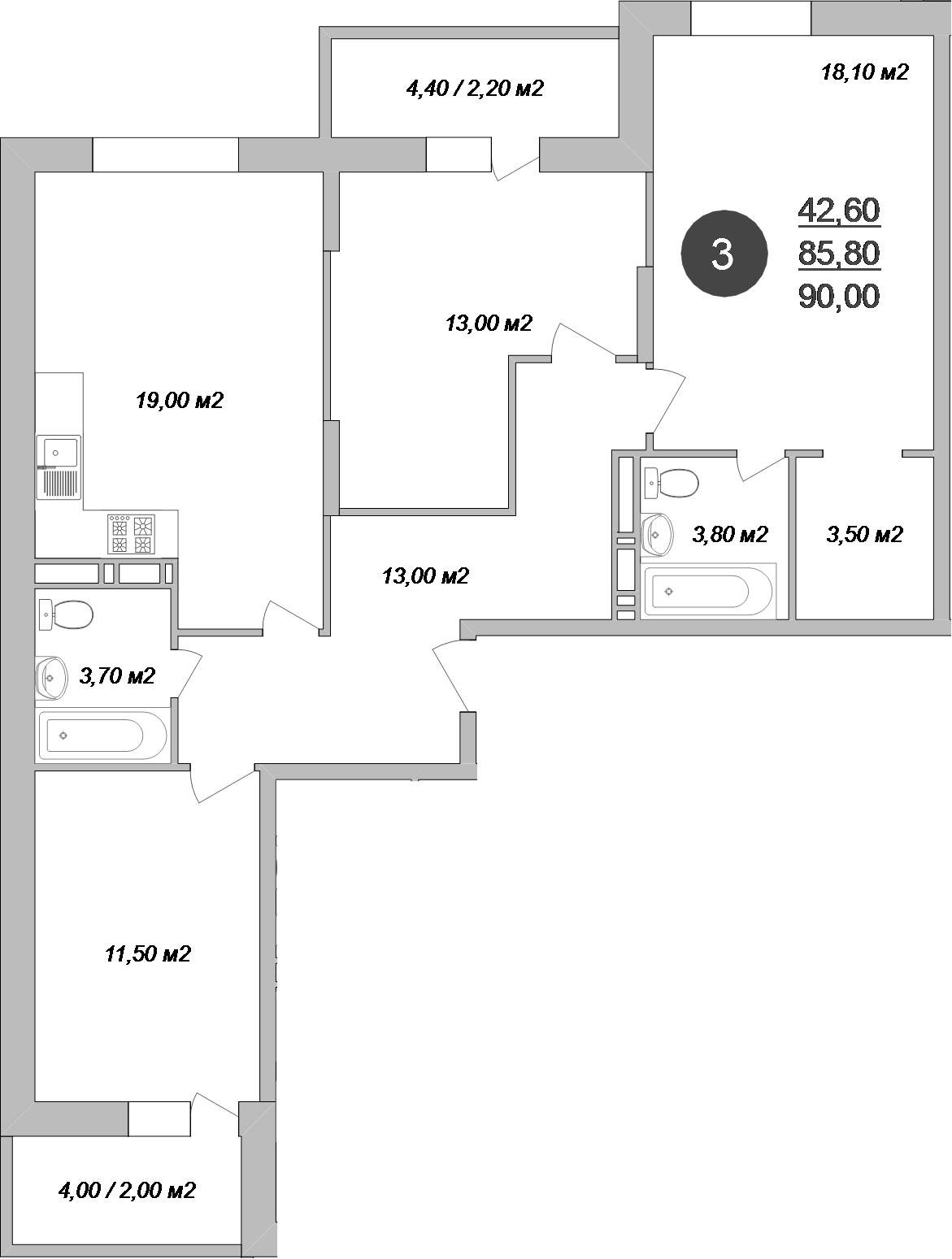 Планировка евро-4 (4Е) 90 м² в ЖК «Новые Островцы», корпус 15