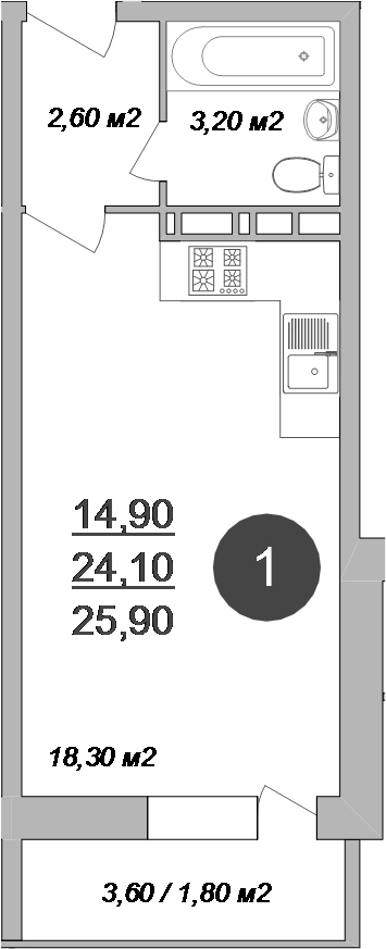 Планировка Студии 25.9 м² в ЖК «Новые Островцы», корпус 15