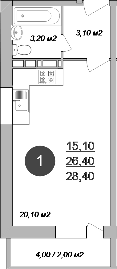 Планировка Студии 28.4 м² в ЖК «Новые Островцы», корпус 15