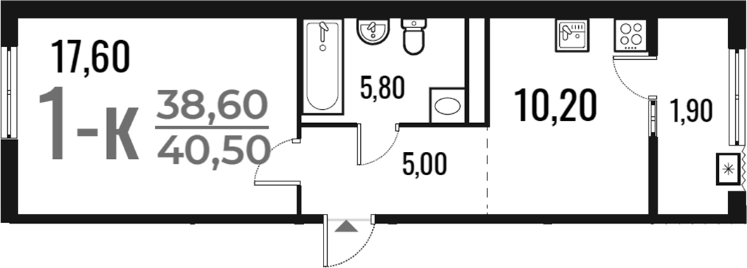 Планировка однокомнатная 40.5 м² в ЖК «Новое Летово», корпус 1