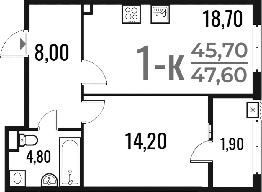 Планировка однокомнатная 47.6 м² в ЖК «Новое Летово», корпус 1