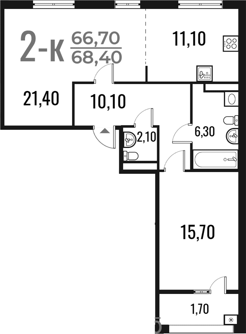 Планировка евродвушка (2Е) 68.4 м² в ЖК «Новое Летово», корпус 3