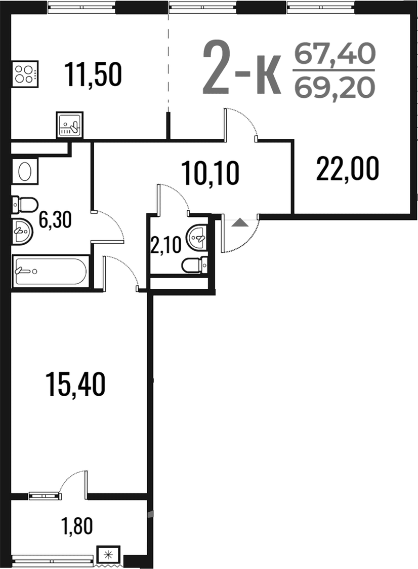 Планировка евродвушка (2Е) 69.2 м² в ЖК «Новое Летово», корпус 1