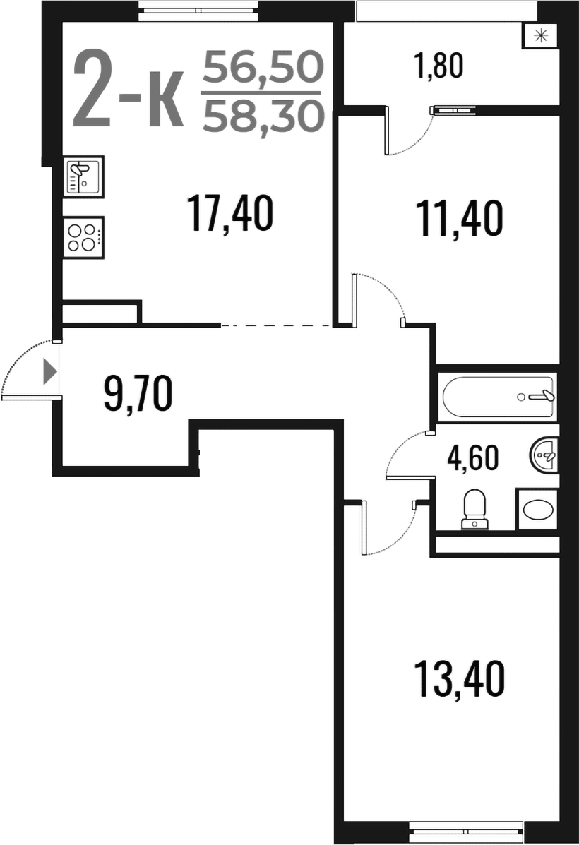 Планировка двухкомнатная 58.3 м² в ЖК «Новое Летово», корпус 3