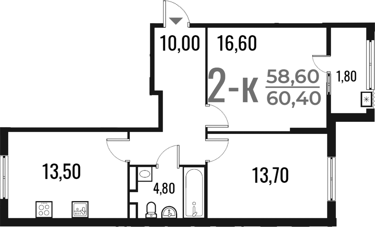 Планировка двухкомнатная 60.4 м² в ЖК «Новое Летово», корпус 1