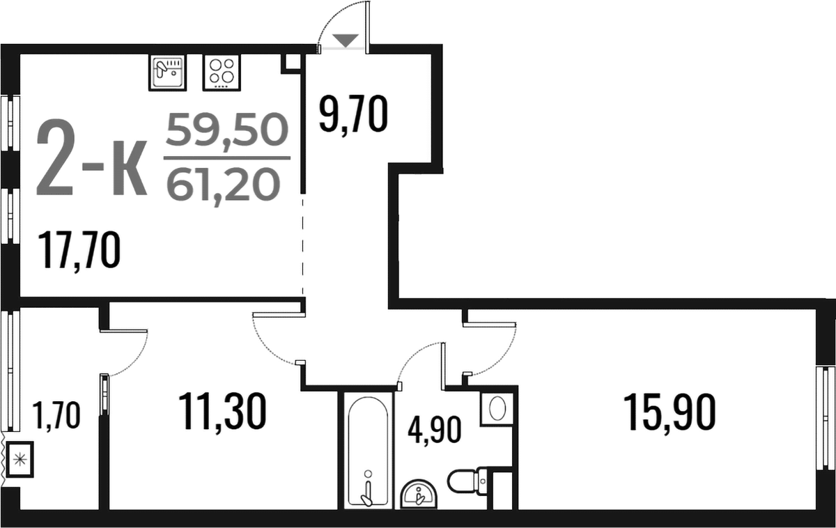 Планировка двухкомнатная 61.2 м² в ЖК «Новое Летово», корпус 1