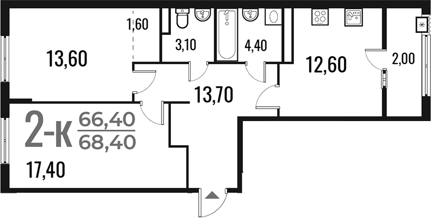 Планировка двухкомнатная 68.4 м² в ЖК «Новое Летово», корпус 1