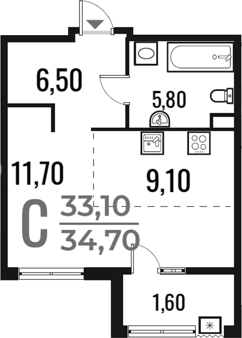 Планировка Студии 34.7 м² в ЖК «Новое Летово», корпус 1