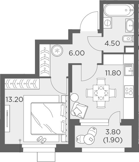 Планировка однокомнатная 35.9 м² в ЖК «Новое Медведково», корпус 43