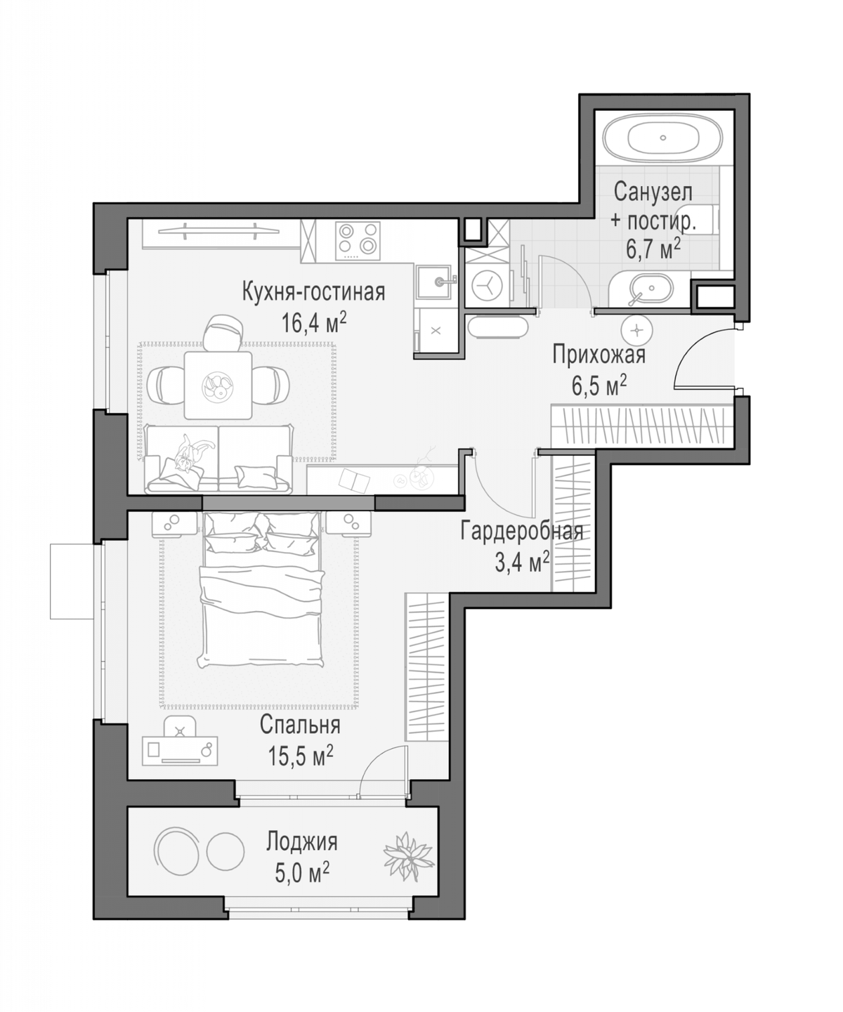 Планировка евродвушка (2Е) 48.6 м² в ЖК «Новое Медведково», корпус 43