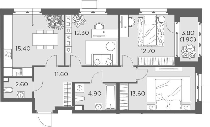Планировка трёхкомнатная 73 м² в ЖК «Новое Медведково», корпус 35