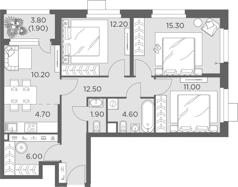 Планировка евро-4 (4Е) 78.6 м² в ЖК «Новое Медведково», корпус 41